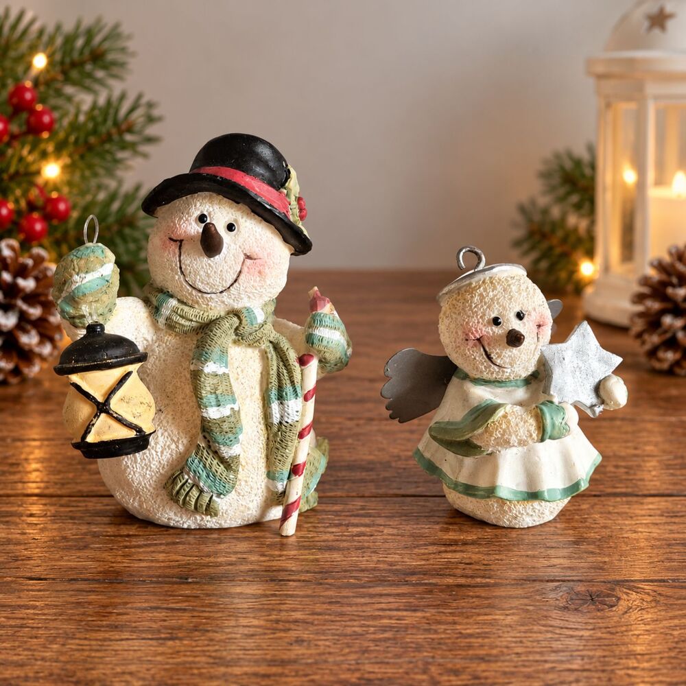 Encore Group Snow Buddies Snowman Lantern Angel Figurines Christmas Set of 2
